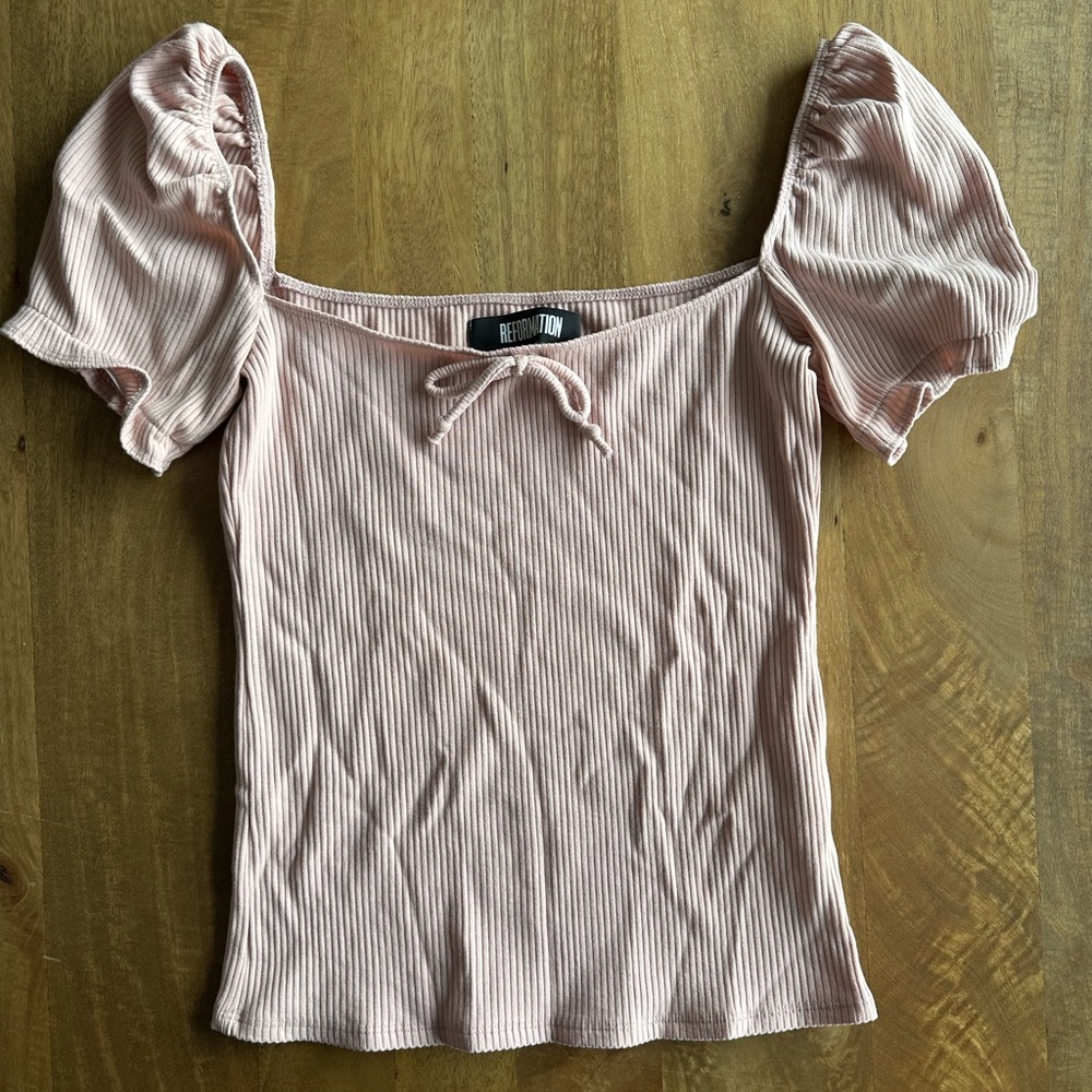 Reformation Blush Ribbed Puff Sleeve Top